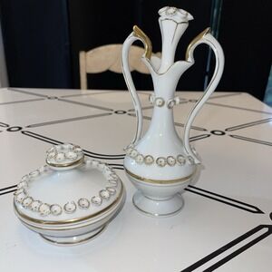 Irice Vintage Vanity Set White w Gold Accent And Applied Floral